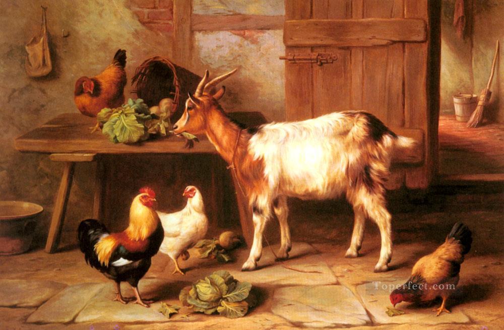 コテージ内部の家禽家畜小屋で餌をやるヤギと鶏 エドガー・ハント油絵